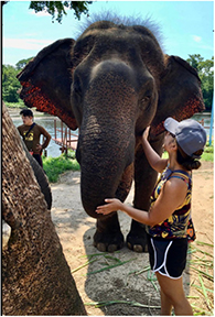 Kira Omelchenko petting an elephant