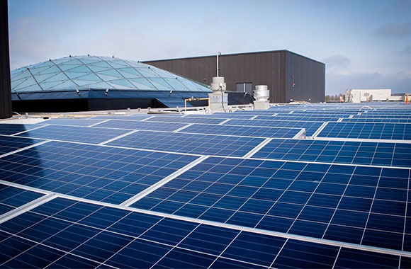 Solar panels on Lazaridis Hall's roof.