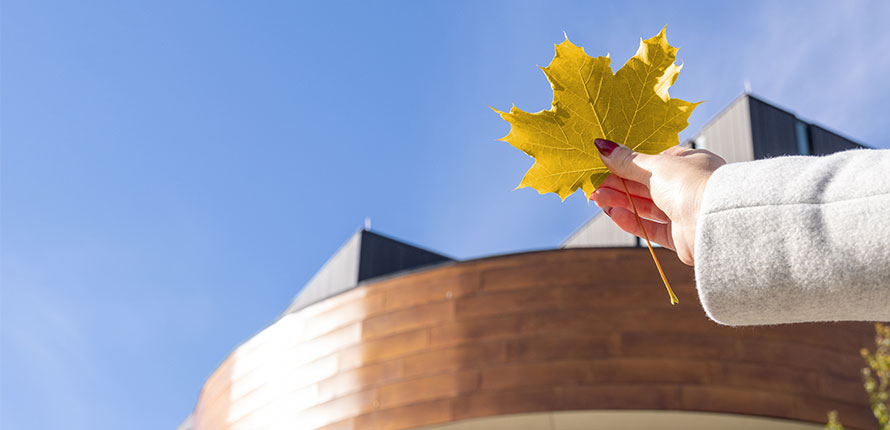 Hand holding a maple leaf in front of Lazaridis Hall.